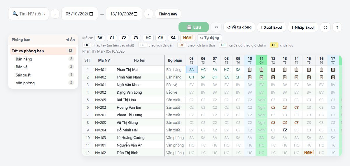 Bảng phân ca kiểu Excel